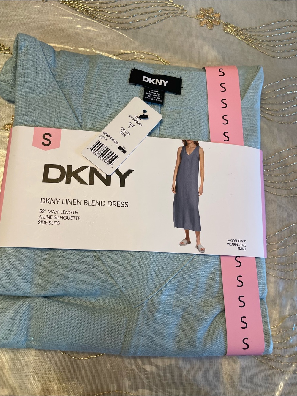DKNY Light Blue Linen Blend A-Line Maxi Dress